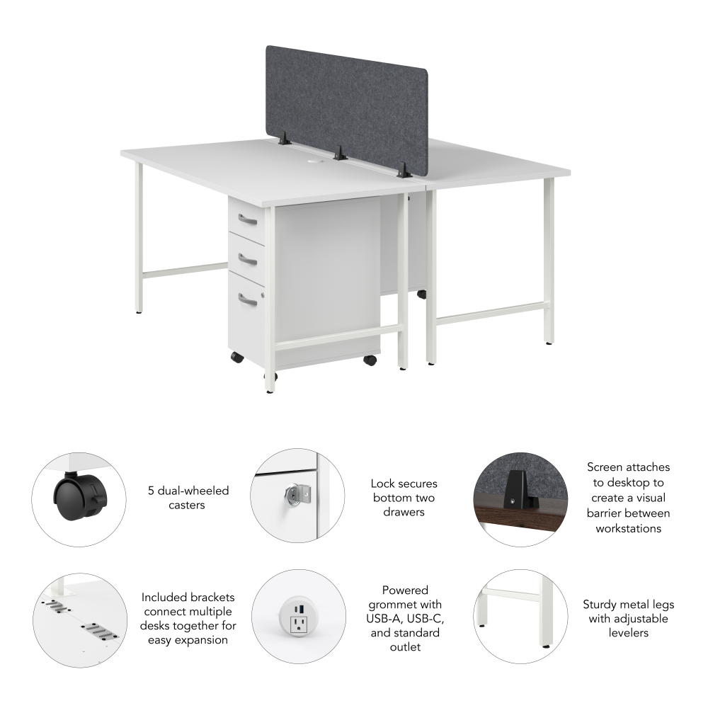 Shop Bush Business Furniture Hustle 2 Person Computer Desk with Mobile File Cabinets, Power Grommets, and Privacy Screen, Image 06, HUS014WHSU, #color_white