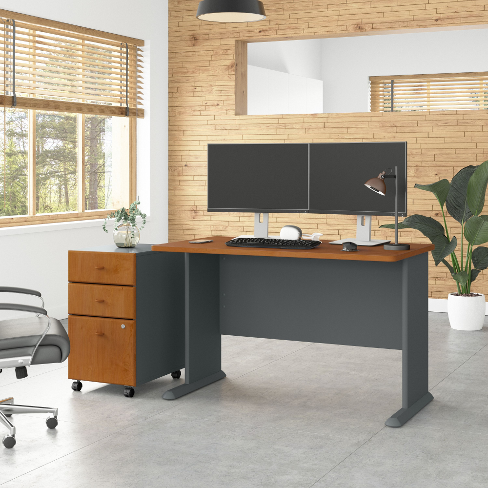 Shop Bush Business Furniture Series A 48W Desk with Mobile File Cabinet, Image 02, SRA025NCSU, #color_natural cherry/slate