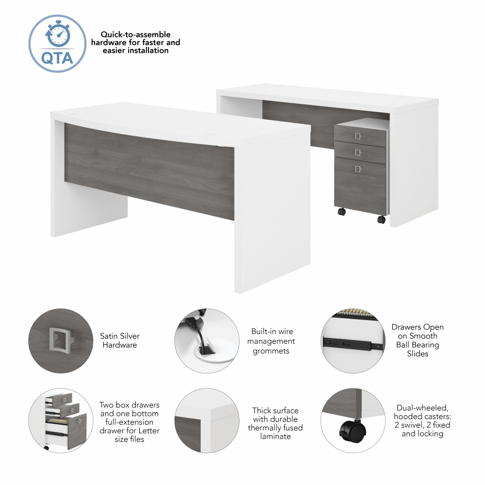 Shop Bush Business Furniture Echo Bow Front Desk and Credenza with Mobile File Cabinet, Image 07, ECH010WHMG, #color_pure white/modern gray
