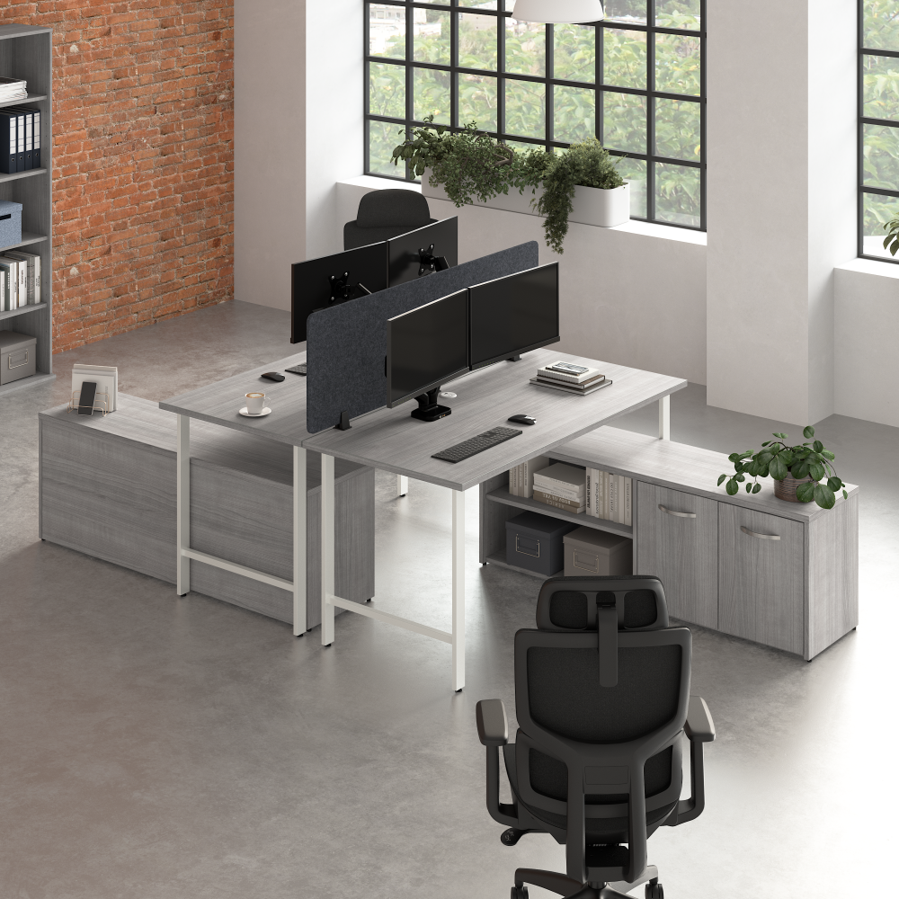 Shop Bush Business Furniture Hustle 2 Person Computer Desk with Low Storage Cabinets, Power Grommets, and Privacy Screen, Image 02, HUS015PG, #color_platinum gray
