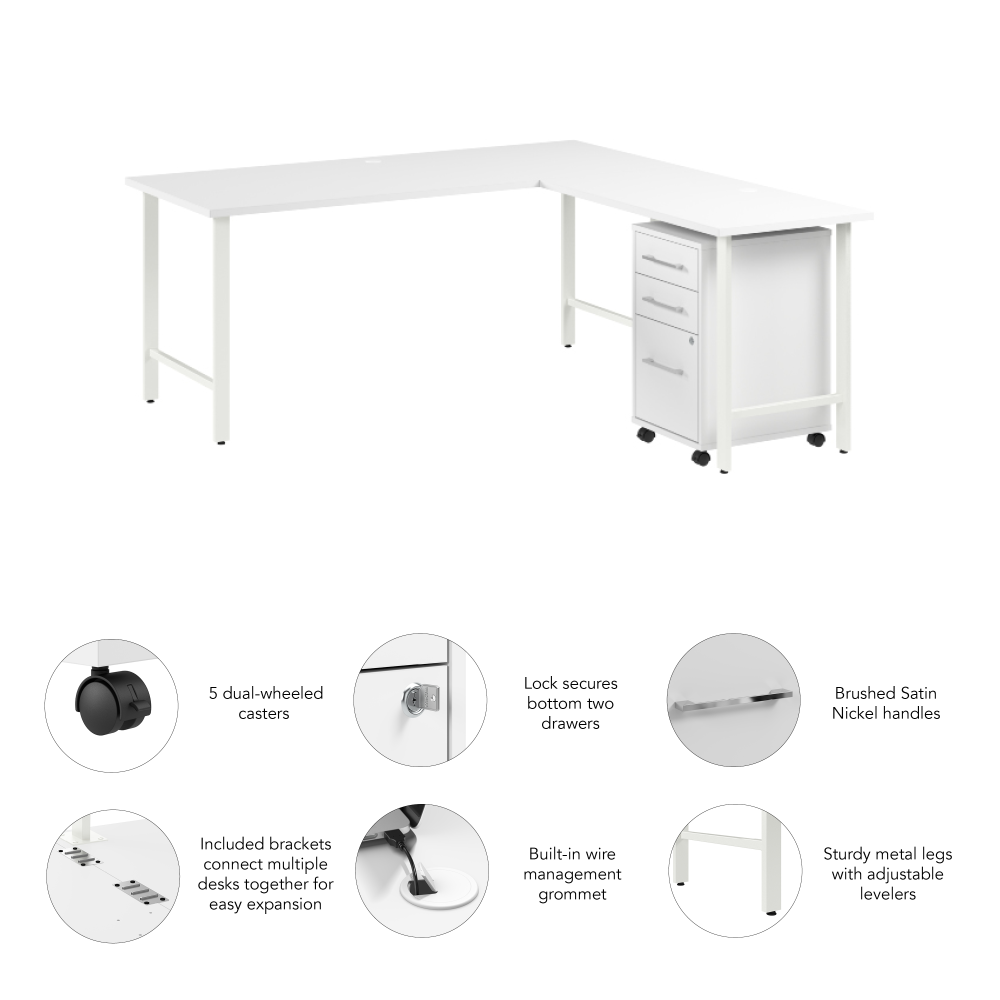 Shop Bush Business Furniture Hustle 72W x 30D L Shaped Computer Desk with 3 Drawer Mobile File Cabinet, Image 04, HUS013WH, #color_white