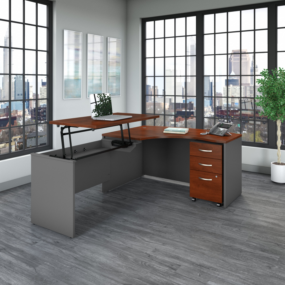 Shop Bush Business Furniture Series C 60W x 43D Left Hand 3 Position Sit to Stand L Shaped Desk with Mobile File Cabinet, Image 02, SRC127HCSU, #color_hansen cherry/graphite gray