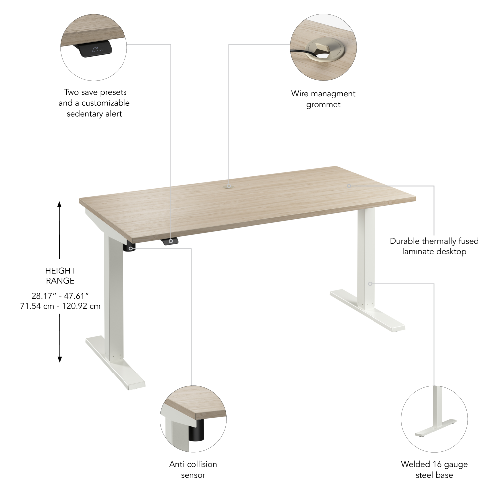 Shop Bush Business Furniture Move 40 Series 60W x 30D Electric Height Adjustable Standing Desk, Image 06, M4S6030NEWK, #color_natural elm/white powder coat
