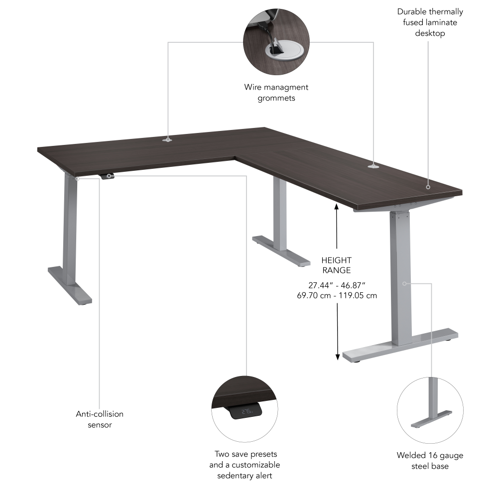 Shop Bush Business Furniture Move 60 Series 60W Height Adjustable L Shaped Standing Desk, Image 06, M6SL6078SGSK, #color_storm gray/cool gray metallic