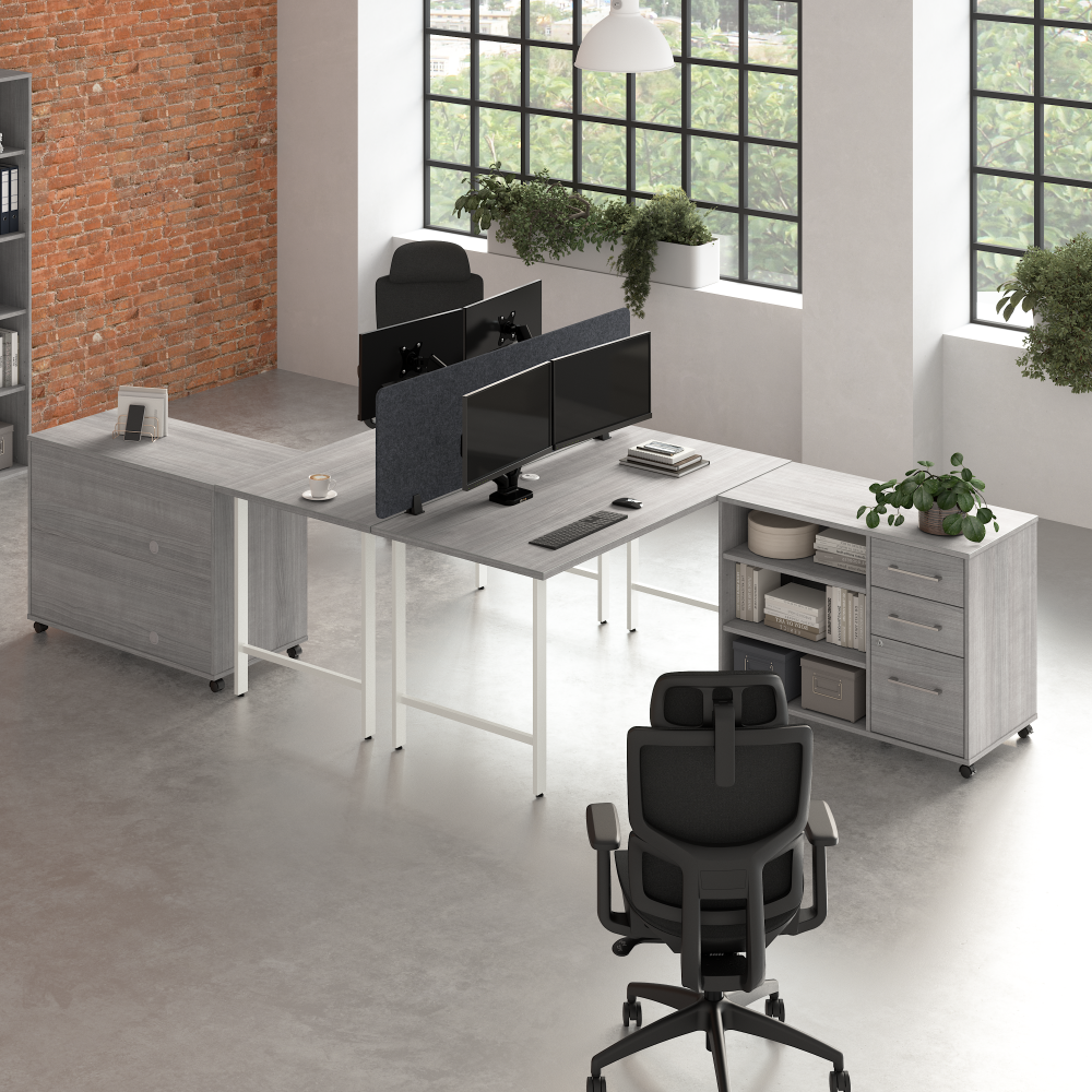 Shop Bush Business Furniture Hustle 2 Person Computer Desk with Mobile Storage Cabinets, Power Grommets, and Privacy Screen, Image 02, HUS016PG, #color_platinum gray