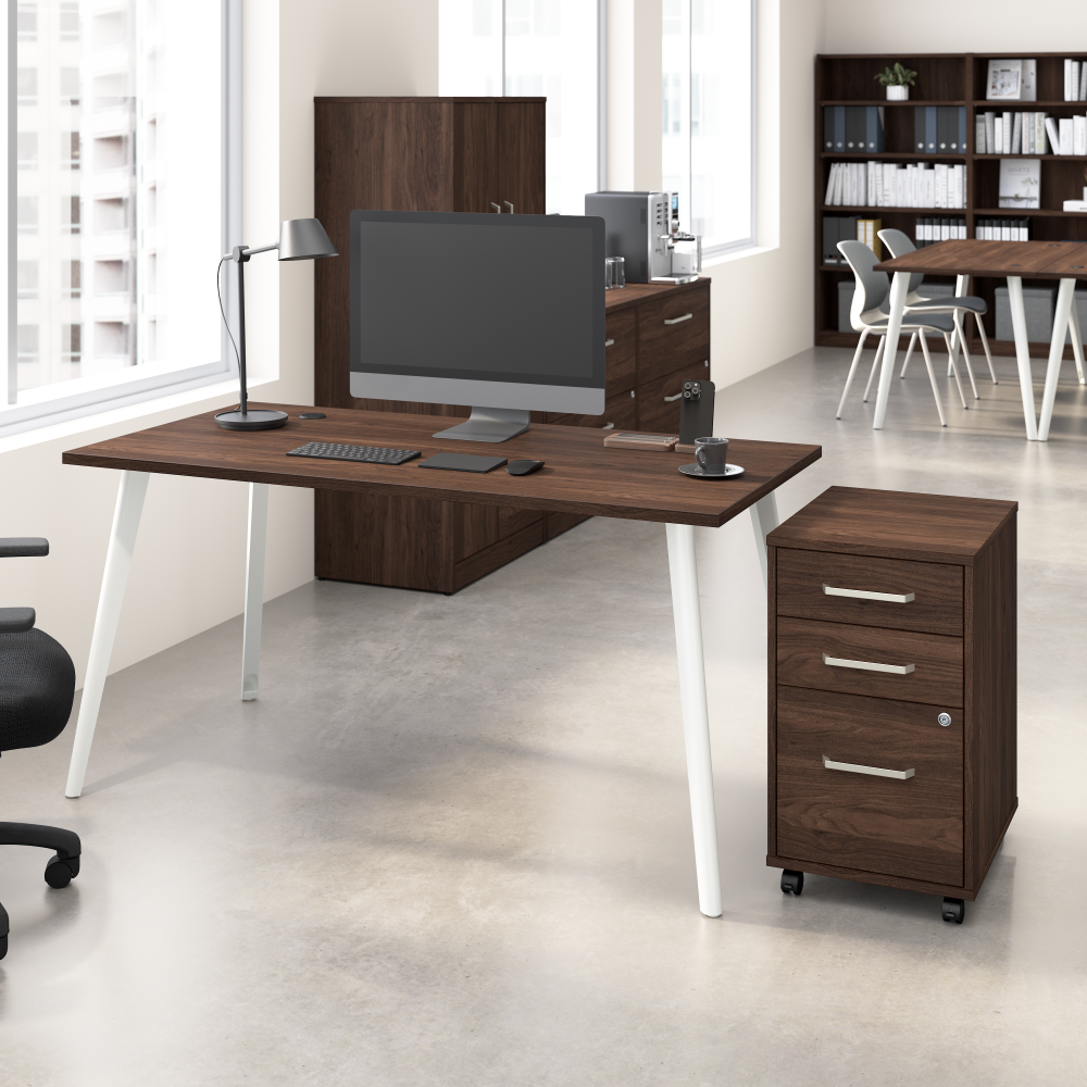 Shop Bush Business Furniture Vista 60W Desk with Splayed Metal Legs and 3 Drawer Mobile File Cabinet, Image 02, VST002BWSU, #color_black walnut