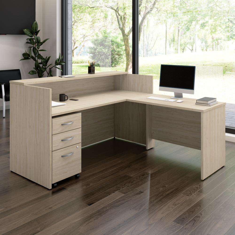 Shop Bush Business Furniture Arrive 72W x 72D L Shaped Reception Desk with Shelf and Mobile File Cabinet, Image 02, ARV007NE, #color_natural elm
