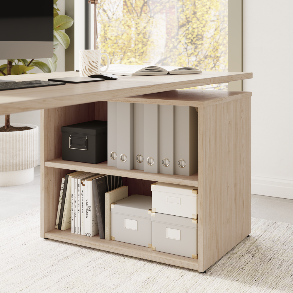 Shop Bush Business Furniture Stratus 60W x 30D Electric Height Adjustable Standing Desk with Bookcase, Image 05, SUT005NE, #color_natural elm