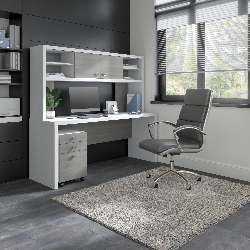 Shop Bush Business Furniture Echo 72W Computer Desk with Hutch and 3 Drawer Mobile File Cabinet, Image 02, ECH048WHMG, #color_pure white/modern gray