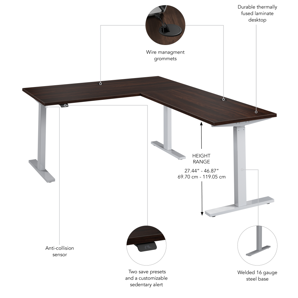 Shop Bush Business Furniture Move 60 Series 60W Height Adjustable L Shaped Standing Desk, Image 06, M6SL6078BWSK, #color_black walnut/cool gray metallic