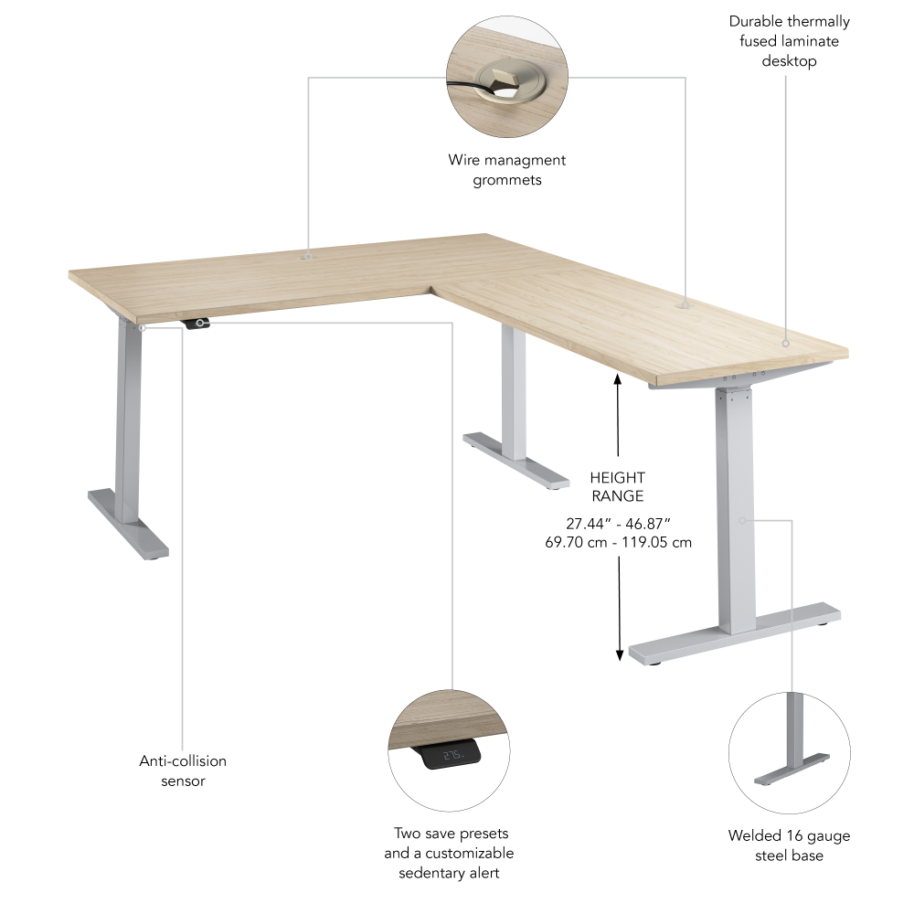 Shop Bush Business Furniture Move 60 Series 60W Height Adjustable L Shaped Standing Desk, Image 06, M6SL6078NESK, #color_natural elm/cool gray metallic