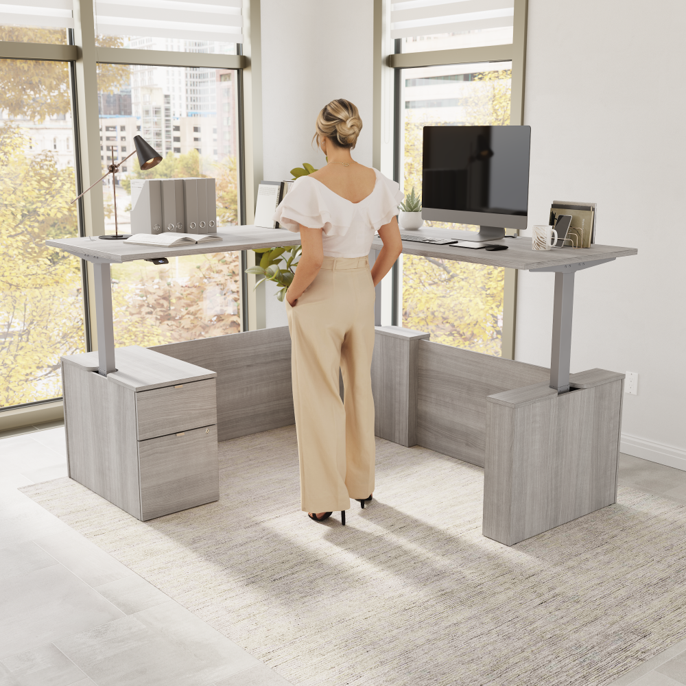 Shop Bush Business Furniture Stratus 72W x 78D Height Adjustable L Shaped Standing Desk with File Cabinet, Image 02, SUT016PG, #color_platinum gray