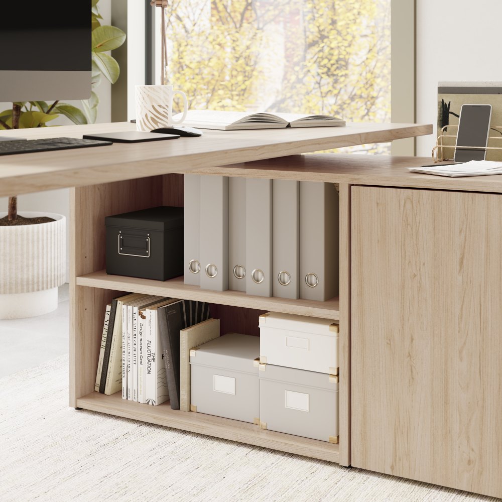 Shop Bush Business Furniture Stratus 60W x 30D Electric Height Adjustable Standing Desk with Storage, Image 05, SUT019NE, #color_natural elm