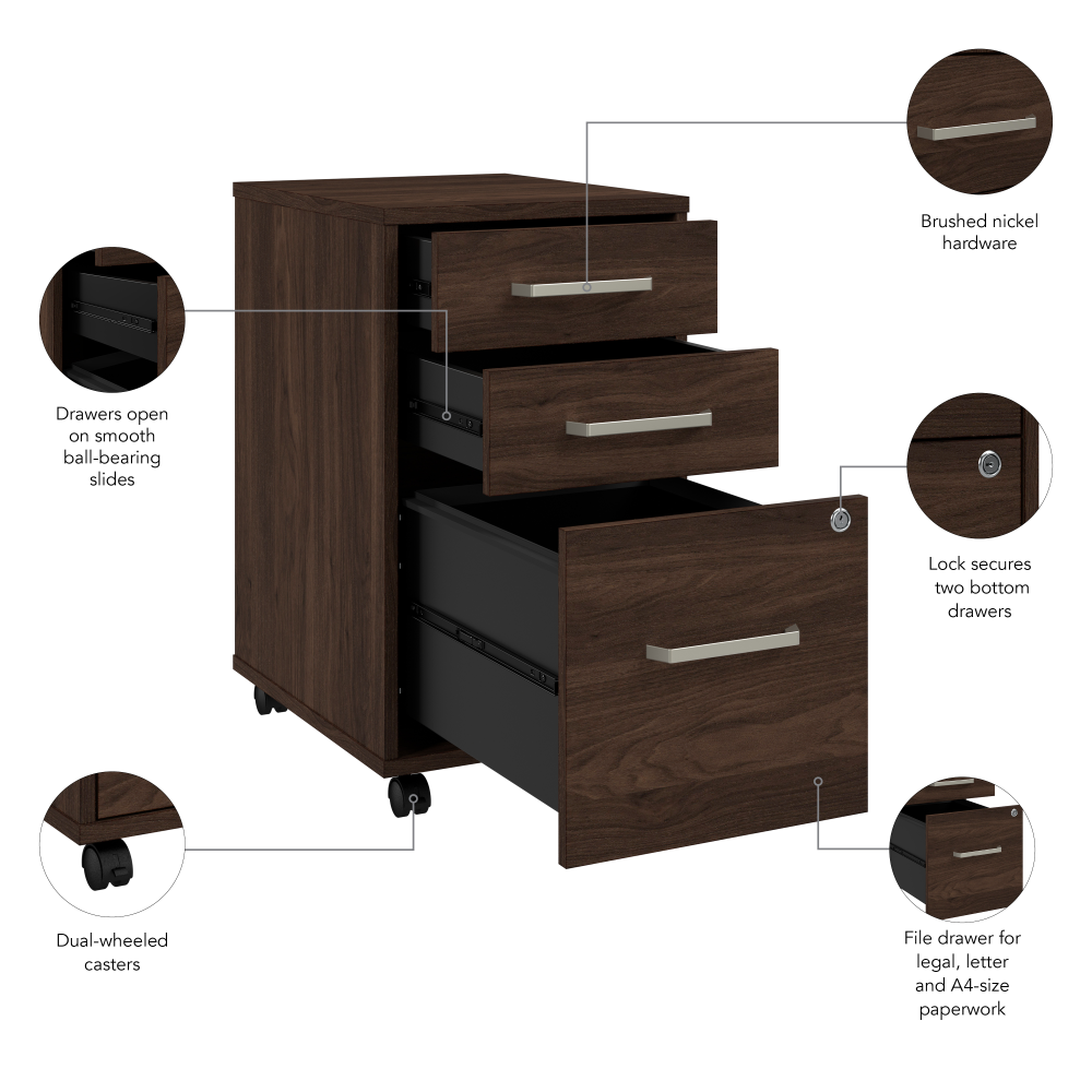 Shop Bush Business Furniture Vista 3 Drawer Mobile File Cabinet, Image 06, VSF116BWSU, #color_black walnut
