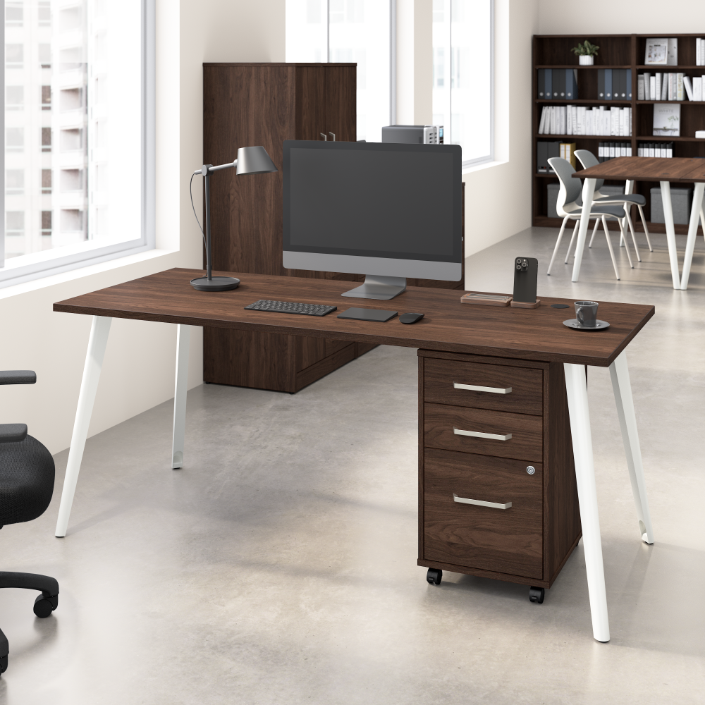 Shop Bush Business Furniture Vista 72W Desk with Splayed Metal Legs and 3 Drawer Mobile File Cabinet, Image 02, VST001BWSU, #color_black walnut