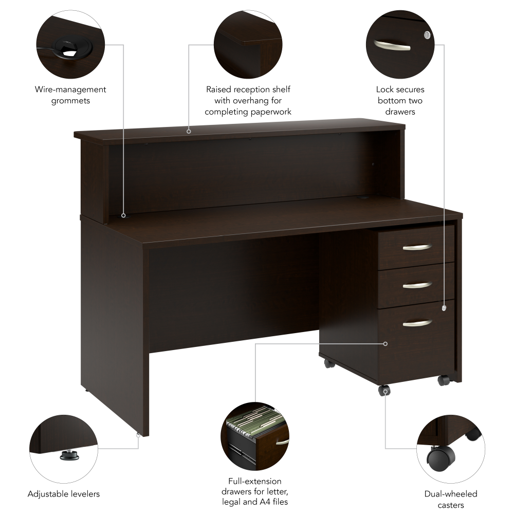 Shop Bush Business Furniture Arrive 60W x 30D Reception Desk with Shelf and Mobile File Cabinet, Image 08, ARV002MR, #color_mocha cherry
