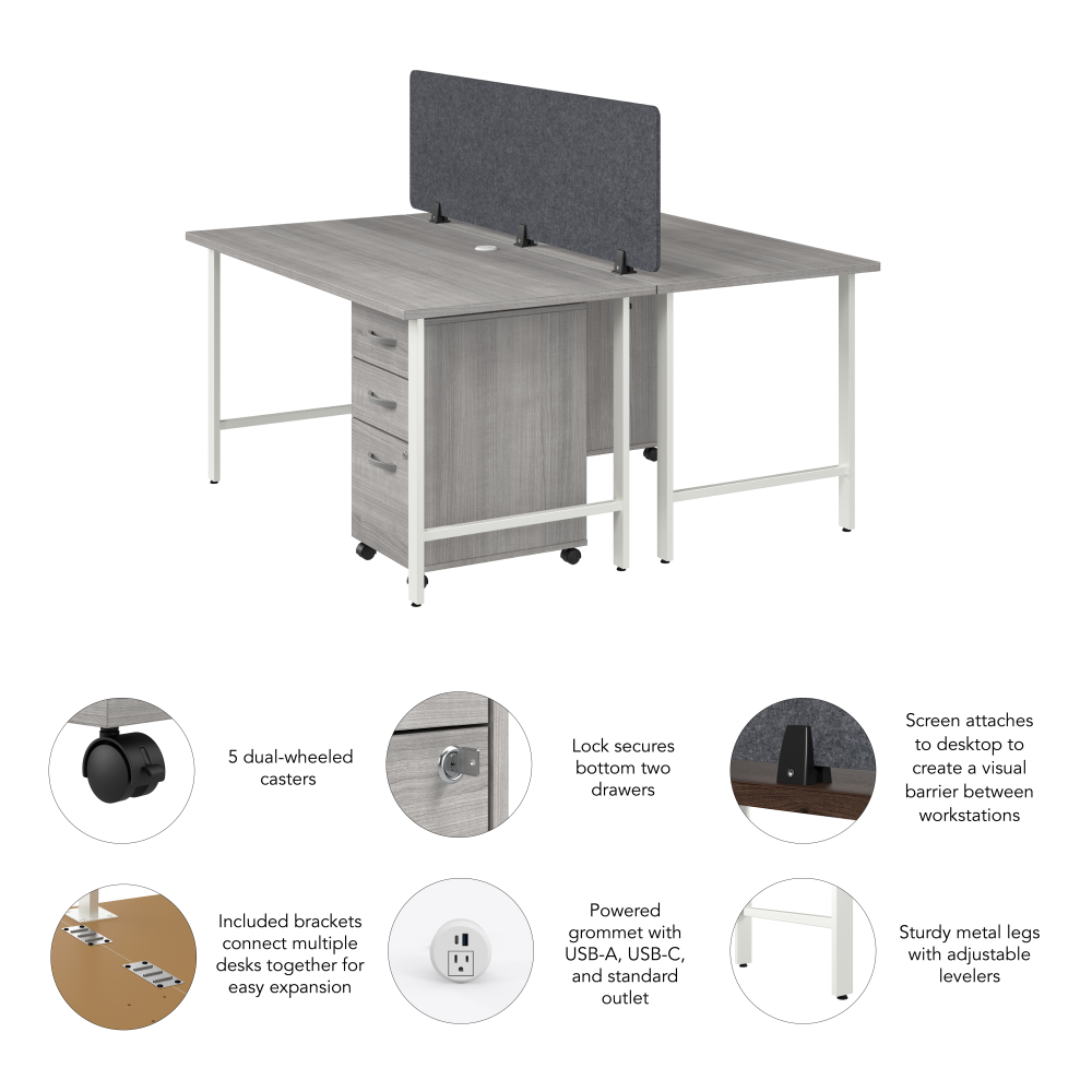 Shop Bush Business Furniture Hustle 2 Person Computer Desk with Mobile File Cabinets, Power Grommets, and Privacy Screen, Image 06, HUS014PGSU, #color_platinum gray