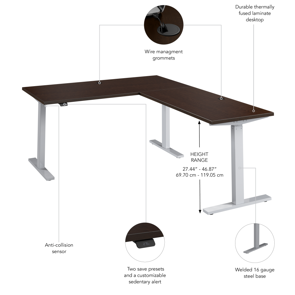 Shop Bush Business Furniture Move 60 Series 60W Height Adjustable L Shaped Standing Desk, Image 06, M6SL6078MRSK, #color_mocha cherry/cool gray metallic