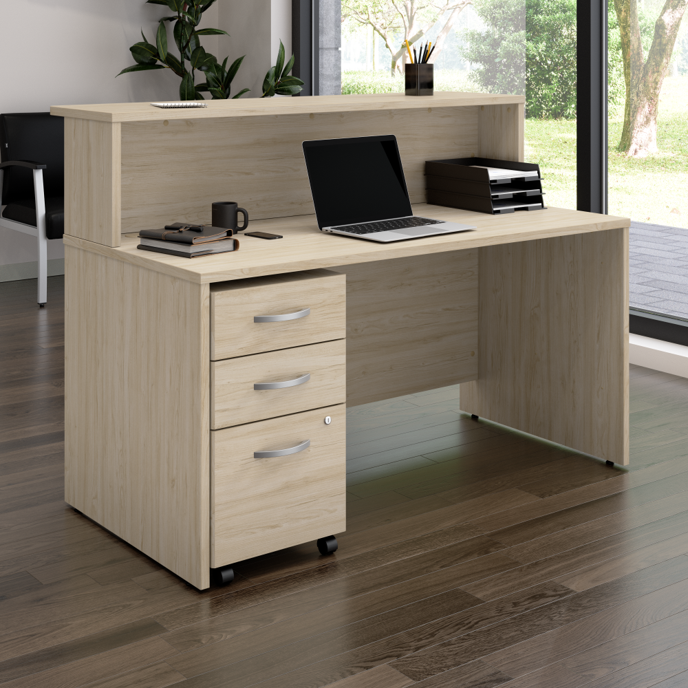 Shop Bush Business Furniture Arrive 60W x 30D Reception Desk with Shelf and Mobile File Cabinet, Image 02, ARV002NE, #color_natural elm