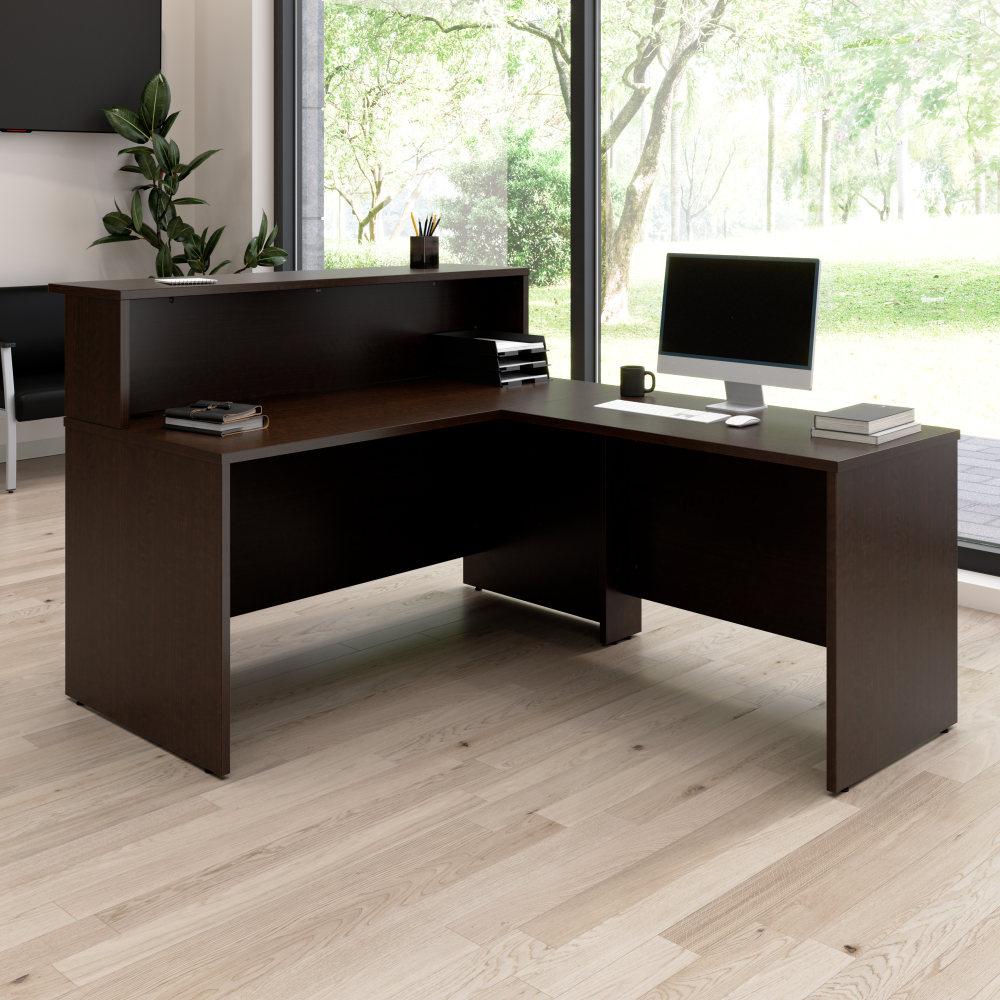 Shop Bush Business Furniture Arrive 60W x 72D L Shaped Reception Desk with Shelf, Image 02, ARV003MR, #color_mocha cherry