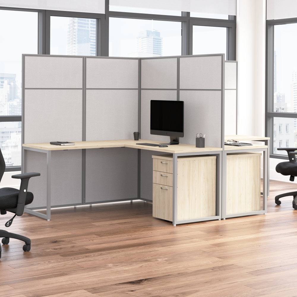 Shop Bush Business Furniture Easy Office 60-inch 2 Person L Shaped Cubicle Desk with Drawers and Tall Panels, Image 02, EODH56SNE-03K, #color_natural elm/silver gray fabric