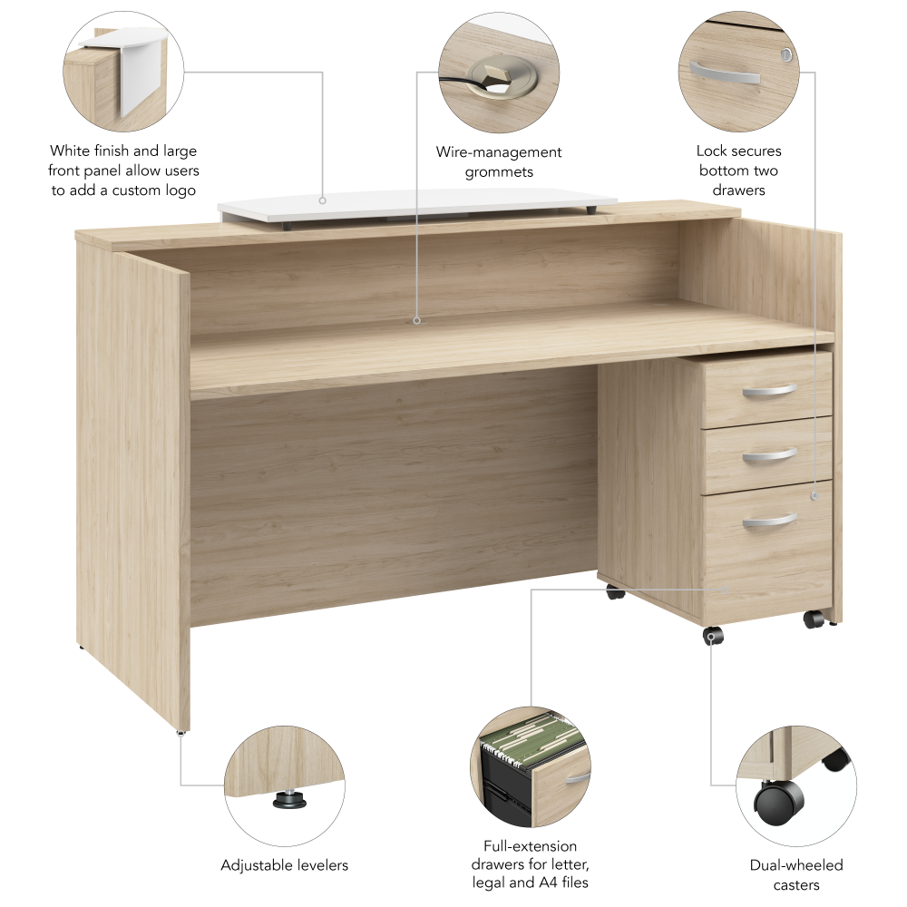 Shop Bush Business Furniture Arrive 72W x 30D Reception Desk with Counter and Mobile File Cabinet, Image 09, ARV008NE, #color_natural elm