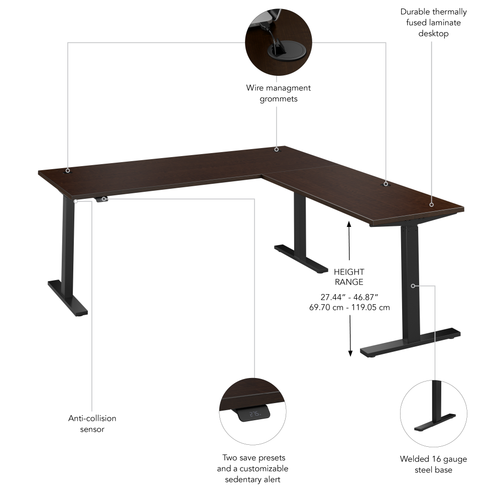 Shop Bush Business Furniture Move 60 Series 72W Height Adjustable L Shaped Standing Desk, Image 06, M6SL7278MRBK, #color_mocha cherry/black powder coat