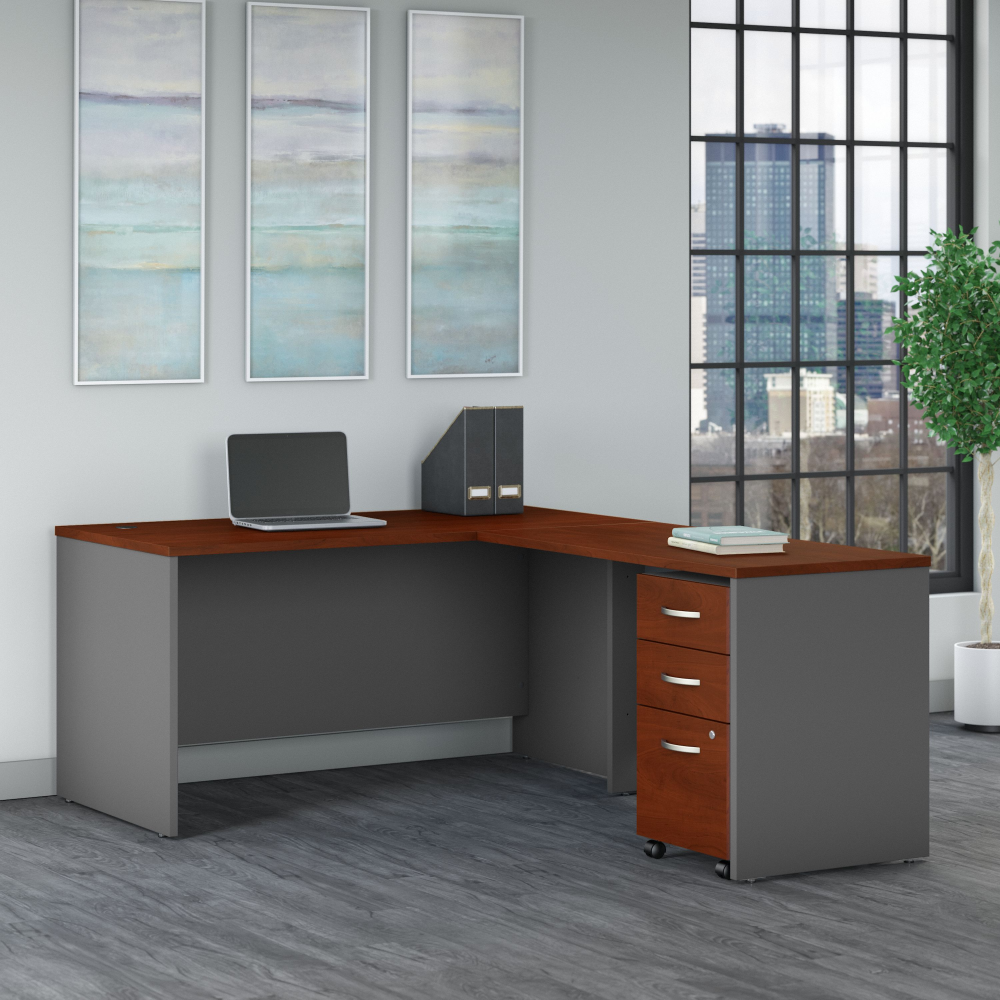 Shop Bush Business Furniture Series C 60W L Shaped Desk with 3 Drawer Mobile File Cabinet, Image 02, SRC146HCSU, #color_hansen cherry/graphite gray