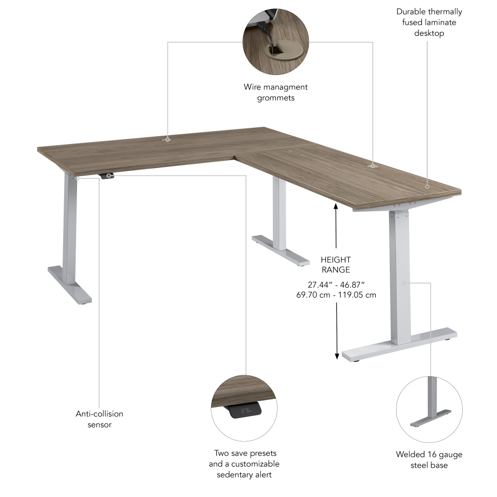 Shop Bush Business Furniture Move 60 Series 60W Height Adjustable L Shaped Standing Desk, Image 06, M6SL6078MHSK, #color_modern hickory/cool gray metallic