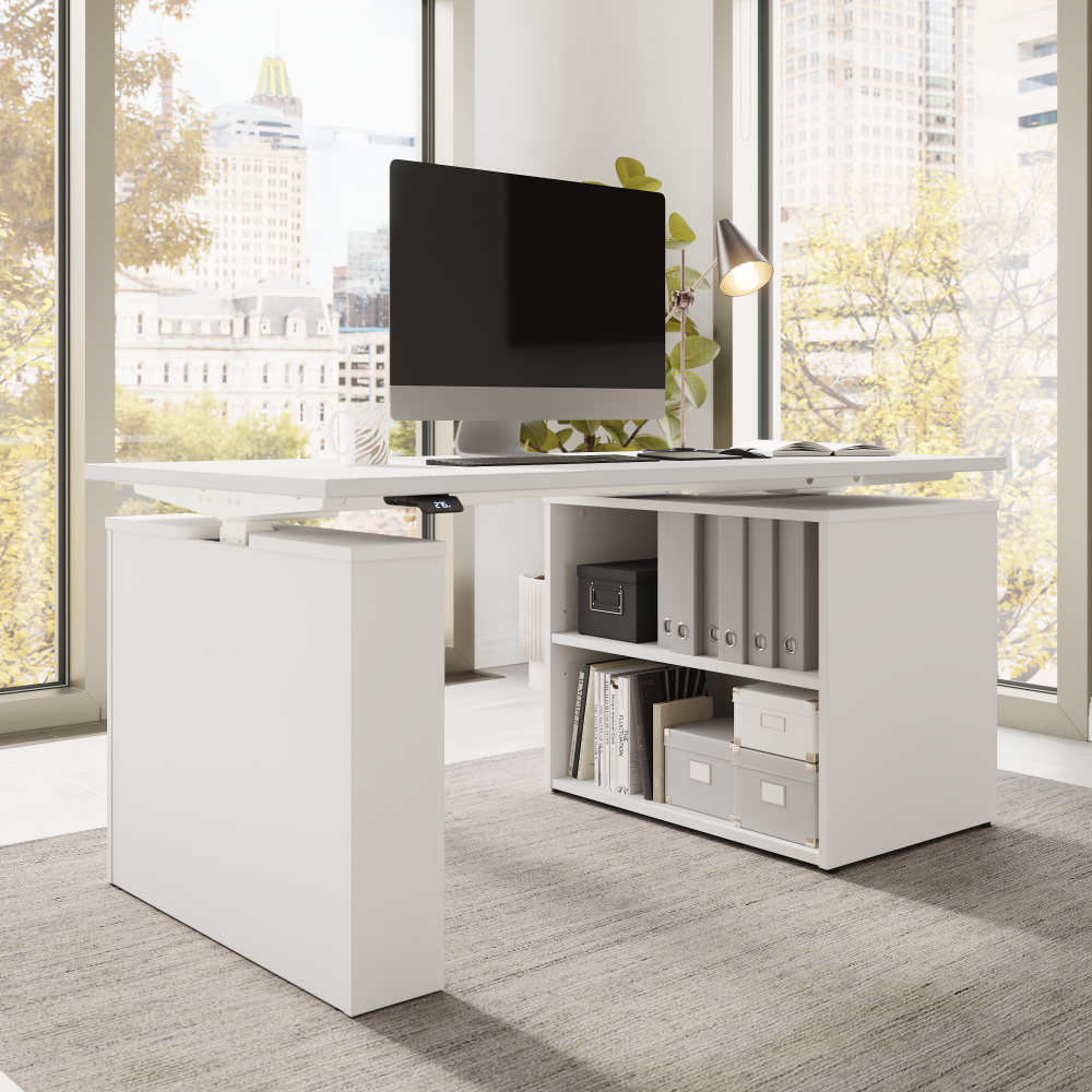 Shop Bush Business Furniture Stratus 60W x 30D Electric Height Adjustable Standing Desk with Bookcase, Image 03, SUT005WH, #color_white