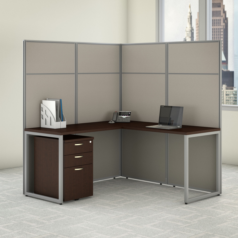 Shop Bush Business Furniture Easy Office 60W L Shaped Cubicle Desk with File Cabinet and 66H Panels, Image 02, EODH36SMR-03K, #color_mocha cherry