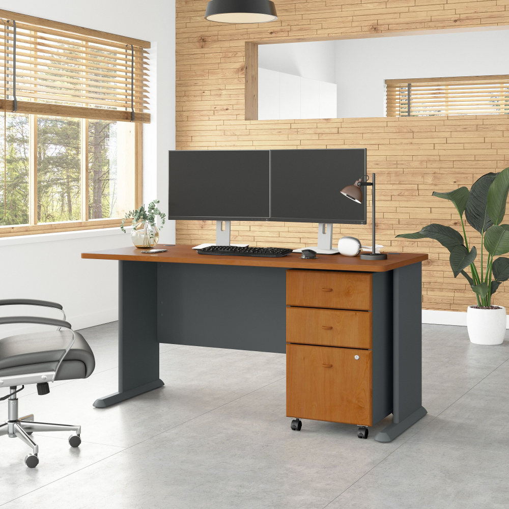 Shop Bush Business Furniture Series A 60W Desk with Mobile File Cabinet, Image 02, SRA003NCSU, #color_natural cherry/slate