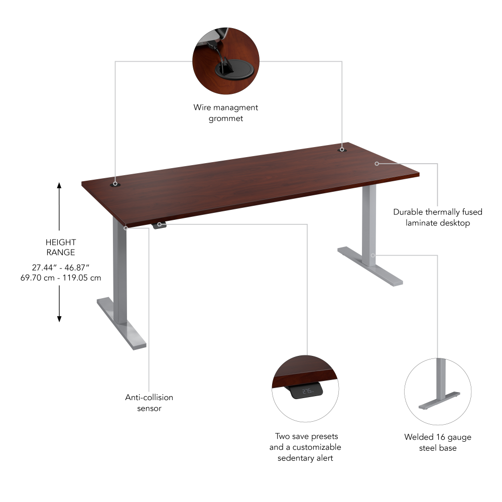 Shop Bush Business Furniture Move 60 Series 72W x 30D Electric Height Adjustable Standing Desk, Image 06, M6S7230HCSK, #color_hansen cherry/cool gray metallic