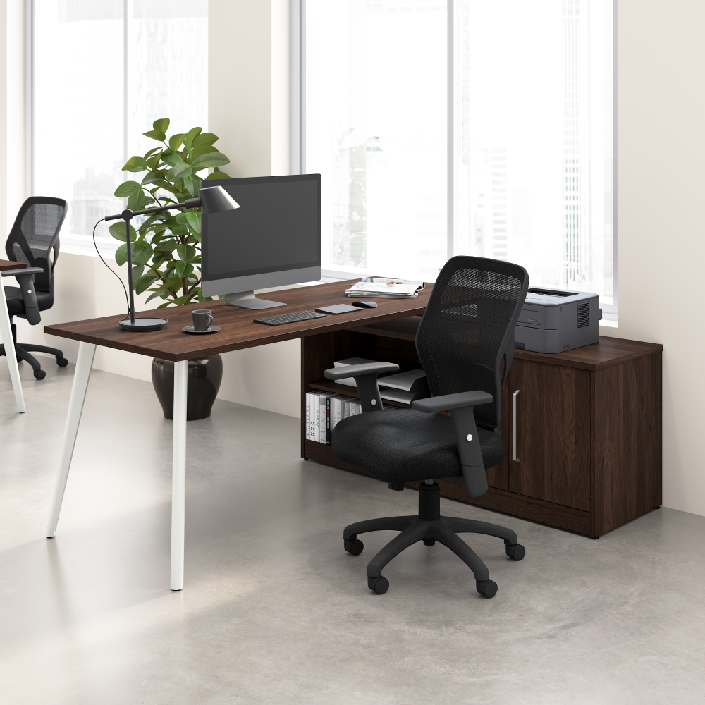 Shop Bush Business Furniture Vista 72W L Shaped Desk with Splayed Metal Legs and Low Storage Cabinet, Image 02, VST005BW, #color_black walnut