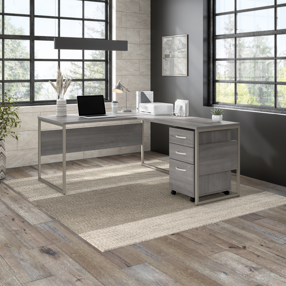 Shop Bush Business Furniture Hybrid 60W x 30D L Shaped Table Desk with Mobile File Cabinet, Image 02, HYB029PGSU, #color_platinum gray