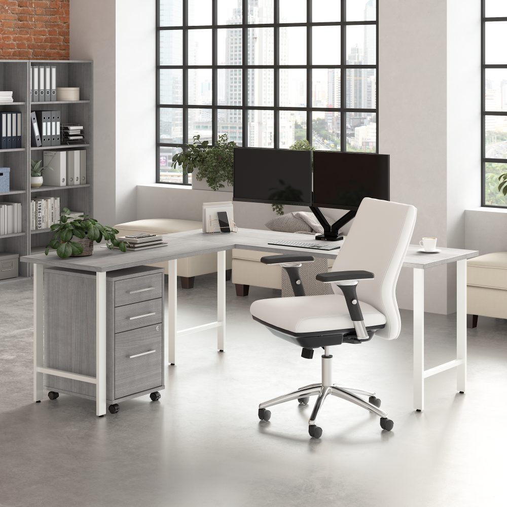 Shop Bush Business Furniture Hustle 72W x 24D L Shaped Computer Desk with 3 Drawer Mobile File Cabinet, Image 02, HUS005PG, #color_platinum gray