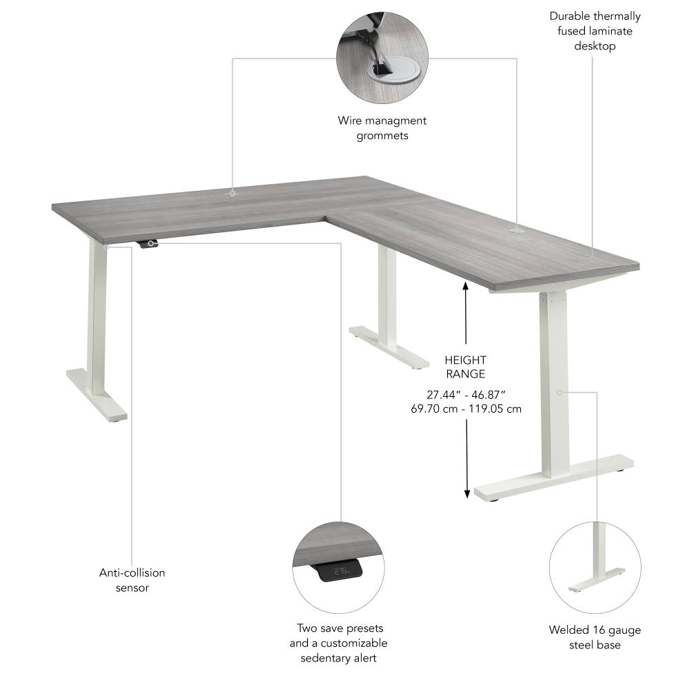 Shop Bush Business Furniture Move 60 Series 60W Height Adjustable L Shaped Standing Desk, Image 06, M6SL6078PGWK, #color_platinum gray/white powder coat