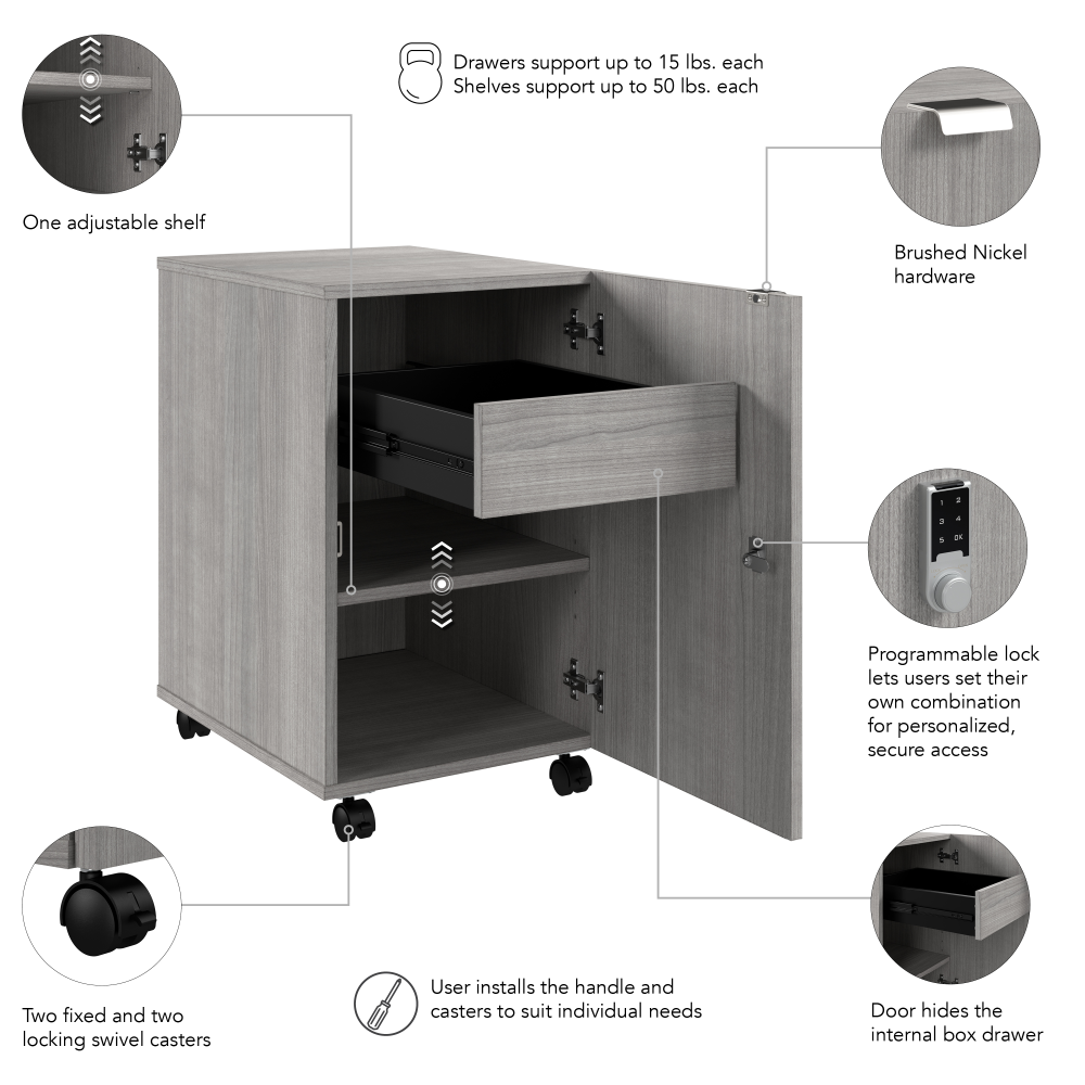 Shop Bush Business Furniture Assure Mobile File Cabinet with Drawer, Door, and Keypad Lock, Image 06, AUS116PGSU, #color_platinum gray