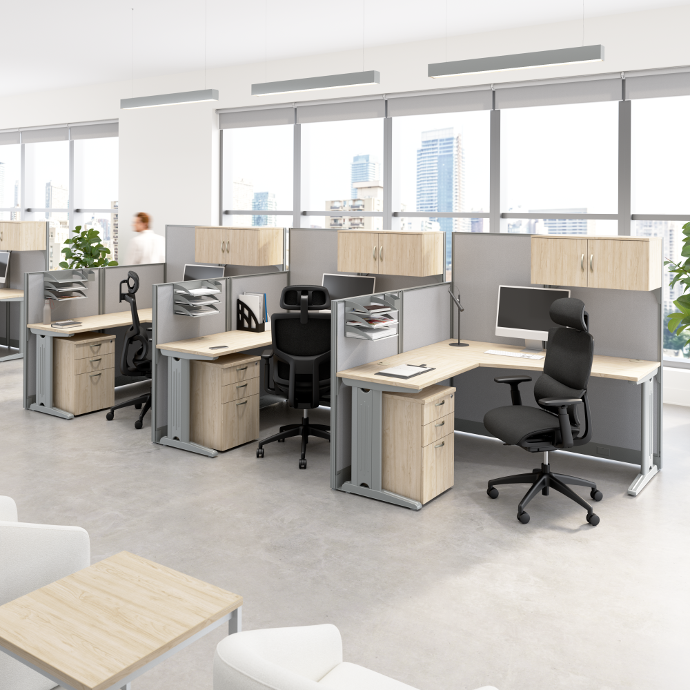 Shop Bush Business Furniture Office in an Hour 3 Person L Shaped Cubicle Desks with Storage, Drawers, and Organizers, Image 02, OIAH006NE, #color_natural elm