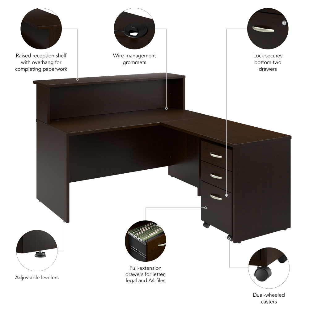 Shop Bush Business Furniture Arrive 60W x 72D L Shaped Reception Desk with Shelf and Mobile File Cabinet, Image 08, ARV004MR, #color_mocha cherry