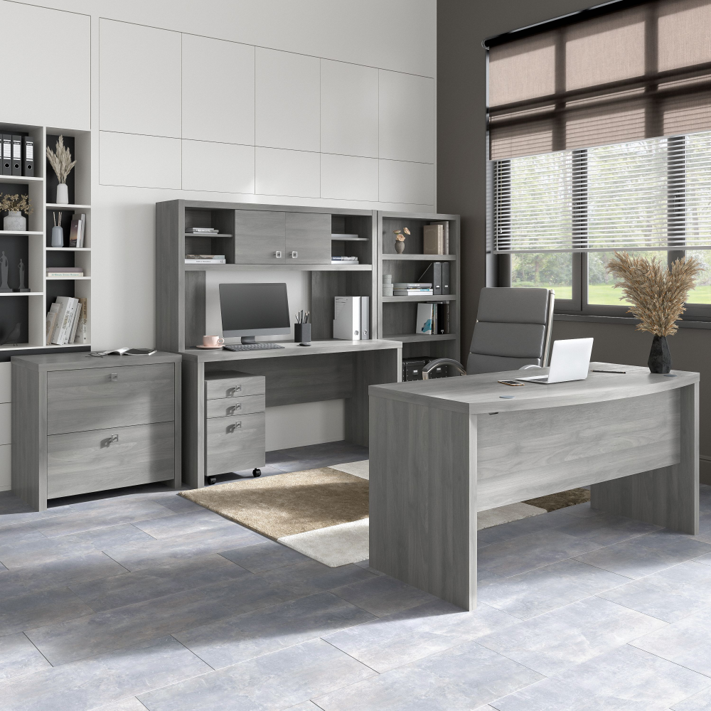 Shop Bush Business Furniture Echo Bow Front Desk, Credenza with Hutch, Bookcase and File Cabinets, Image 02, ECH029MG, #color_modern gray