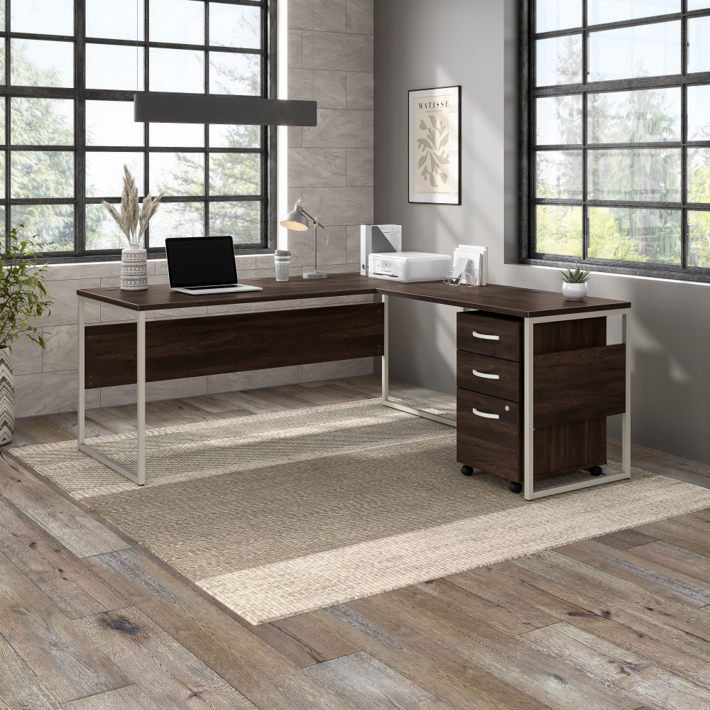Shop Bush Business Furniture Hybrid 72W x 30D L Shaped Table Desk with Mobile File Cabinet, Image 02, HYB028BWSU, #color_black walnut