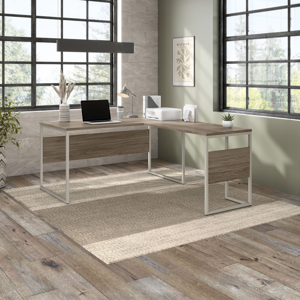 Shop Bush Business Furniture Hybrid 60W x 30D L Shaped Table Desk with Metal Legs, Image 02, HYB027MH, #color_modern hickory