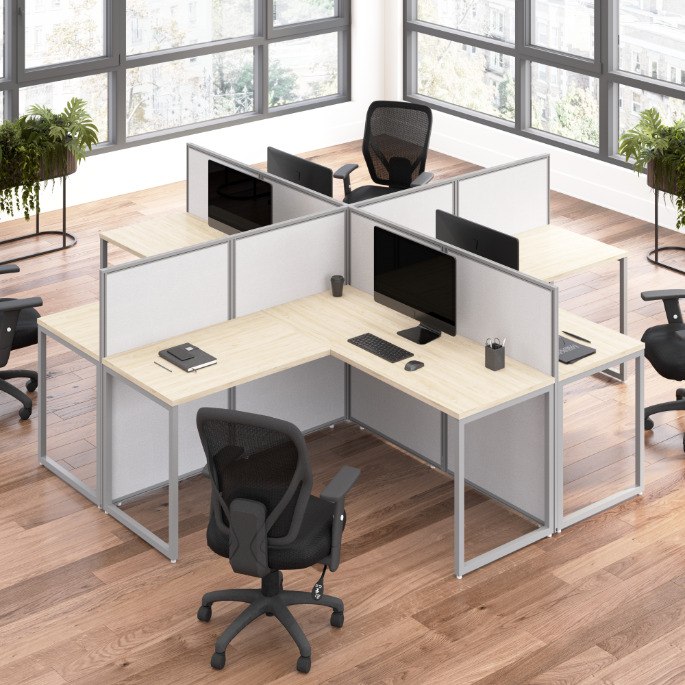 Shop Bush Business Furniture Easy Office 60-inch 4 Person L Shaped Cubicle Desk with Low Panels, Image 02, EOD760NE-03K, #color_natural elm/silver gray fabric
