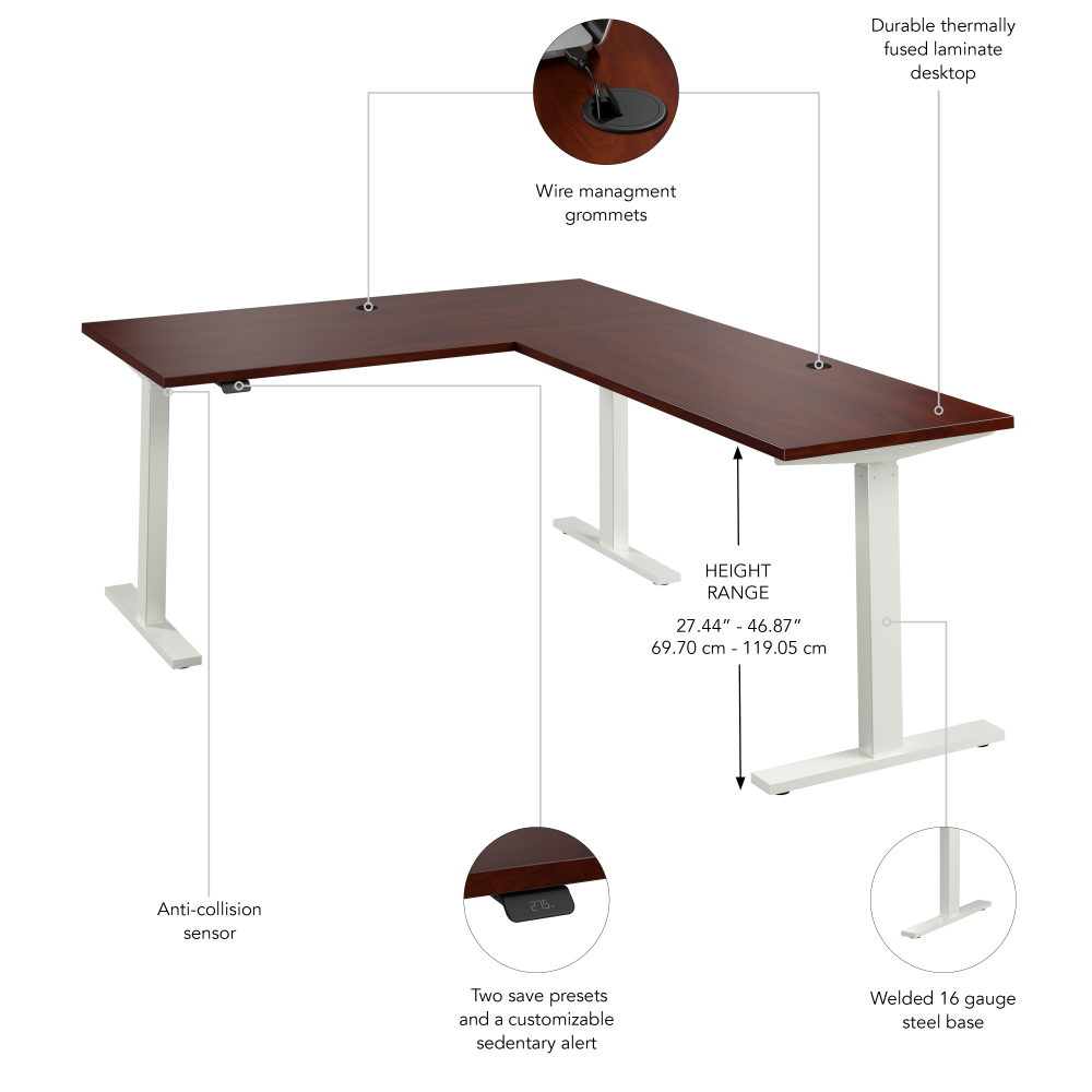 Shop Bush Business Furniture Move 60 Series 60W Height Adjustable L Shaped Standing Desk, Image 06, M6SL6078HCWK, #color_hansen cherry/white powder coat