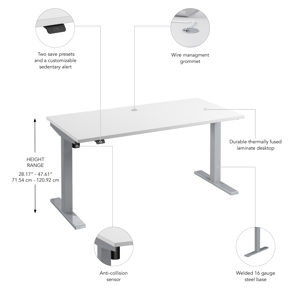 Shop Bush Business Furniture Move 40 Series 60W x 30D Electric Height Adjustable Standing Desk, Image 06, M4S6030WHSK, #color_white/cool gray metallic