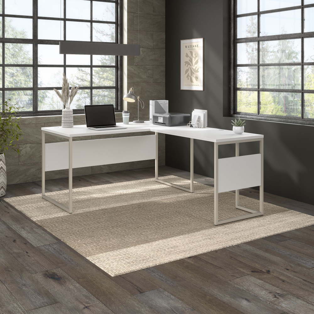 Shop Bush Business Furniture Hybrid 60W x 30D L Shaped Table Desk with Metal Legs, Image 02, HYB027WH, #color_white