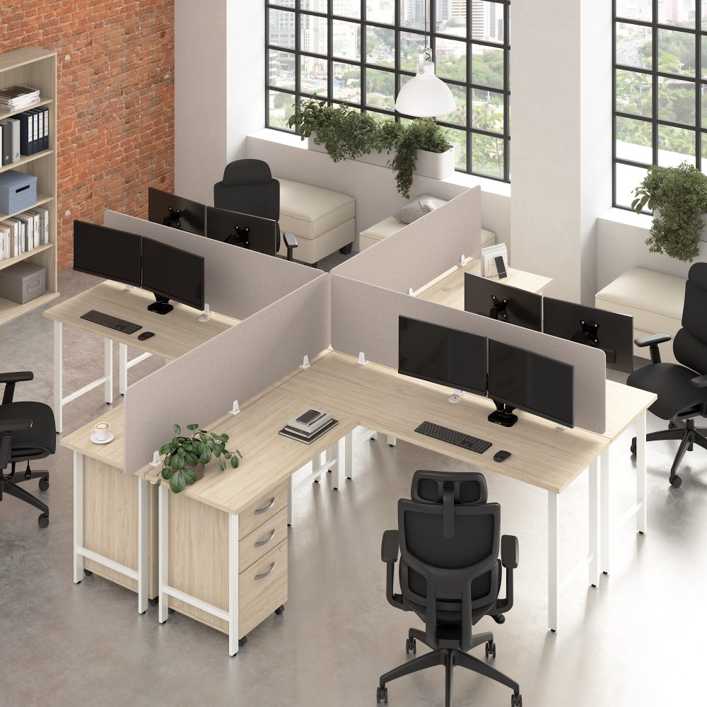 Shop Bush Business Furniture Hustle 4 Person L Shaped Desk with Mobile File Cabinets, Power Grommets, and Privacy Screens, Image 02, HUS017NESU, #color_natural elm