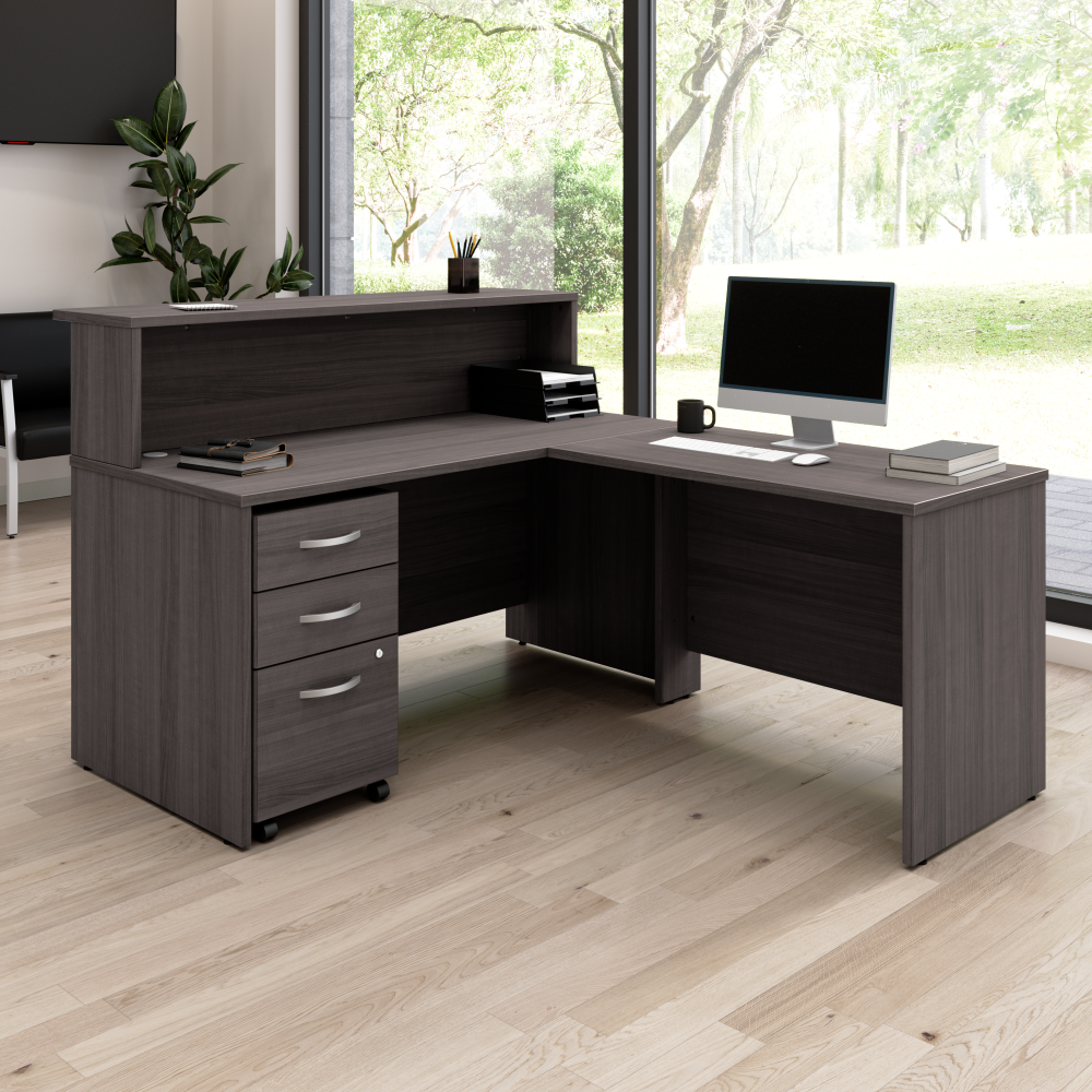 Shop Bush Business Furniture Arrive 60W x 72D L Shaped Reception Desk with Shelf and Mobile File Cabinet, Image 02, ARV004SG, #color_storm gray