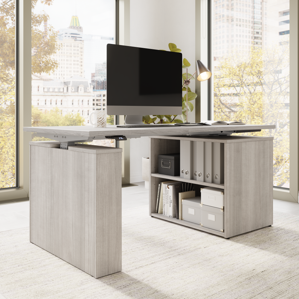Shop Bush Business Furniture Stratus 60W x 30D Electric Height Adjustable Standing Desk with Bookcase, Image 03, SUT005PG, #color_platinum gray